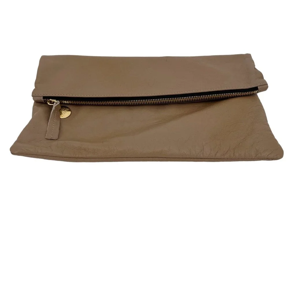 Clare V Fold-Over Leather Clutch in Taupe